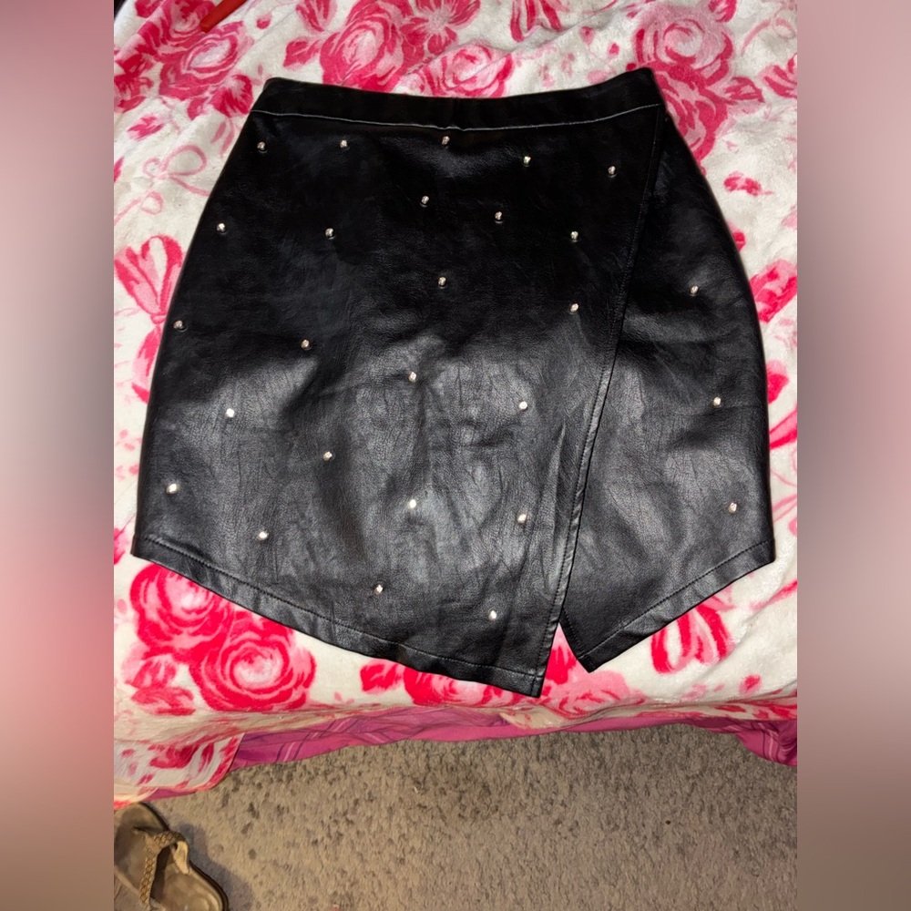 Black Faux Leather skirt with studded rhinestones from REVOLVE - Picture 2 of 6